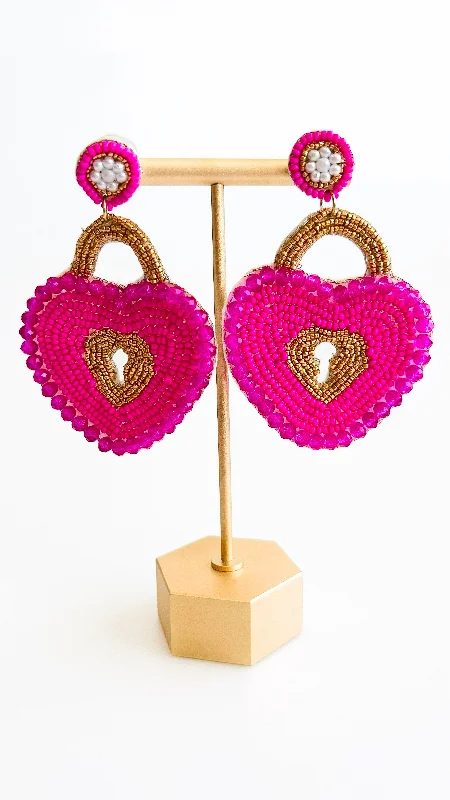 Beaded Heart Lock Earrings-Fuchsia