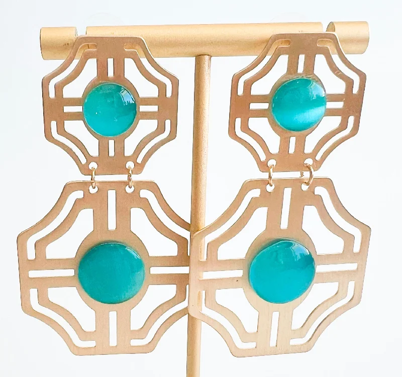 Cutout Maze Gem Earrings - Turquoise