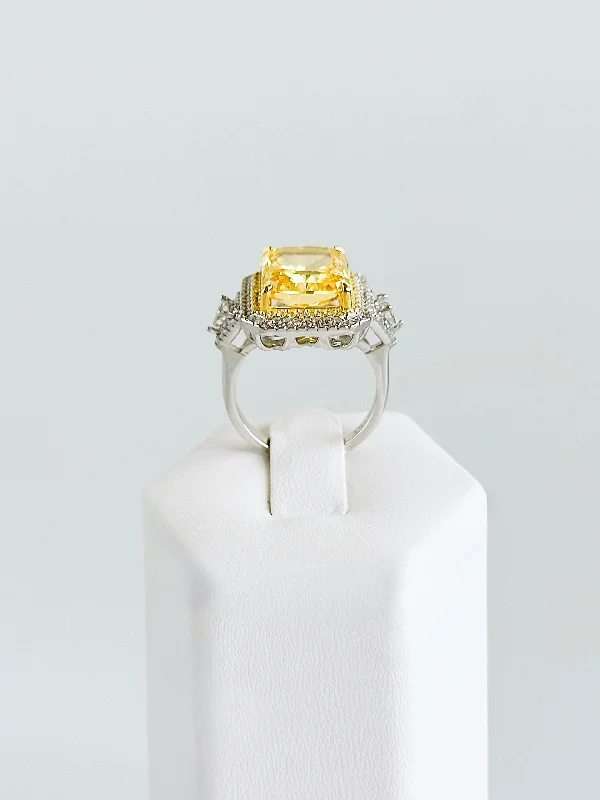 Sterling Silver Rectangle Micropave Halo Ring-Canary