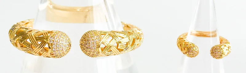 Cz Textured Cuff Bracelet and Ring Set