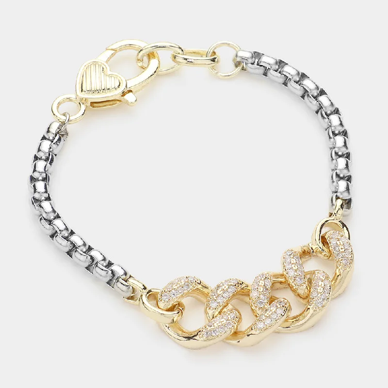 Micropave Cuban Chain Heart Clasp Bracelet