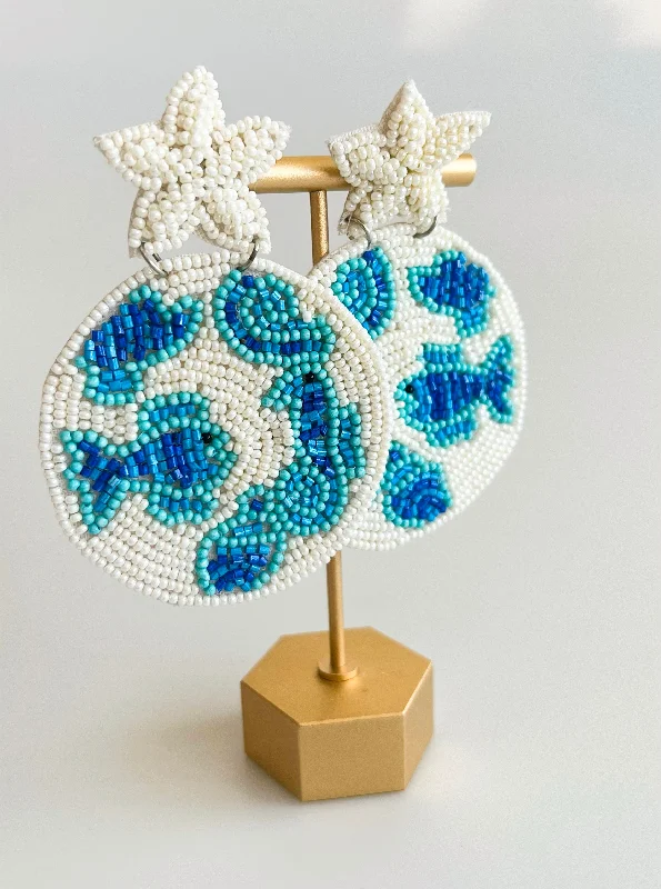 Sea Life Beaded Earrings - Ivory/Blue