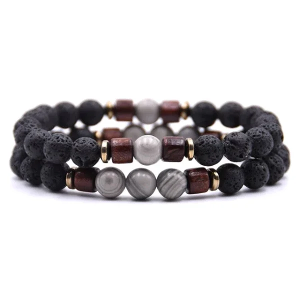 Classy Men Beaded Silver Wooden Bracelet Set