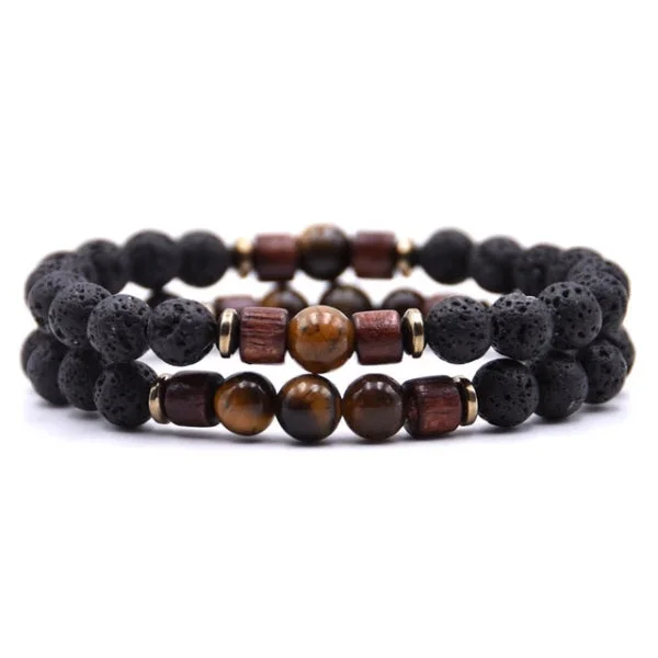 Classy Men Beaded Tiger Eye Wooden Bracelet Set