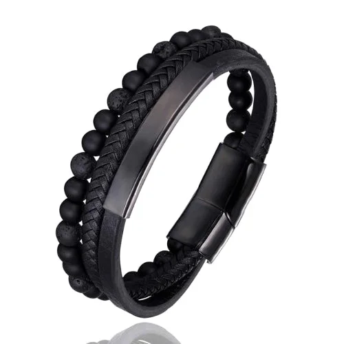 Classy Men Black 3-Layer Beaded Leather Bracelet | 3 Styles