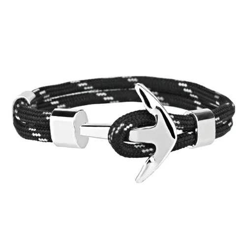 Classy Men Black White Silver Anchor Bracelet