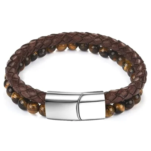 Classy Men Brown Dual Beaded Leather Bracelet