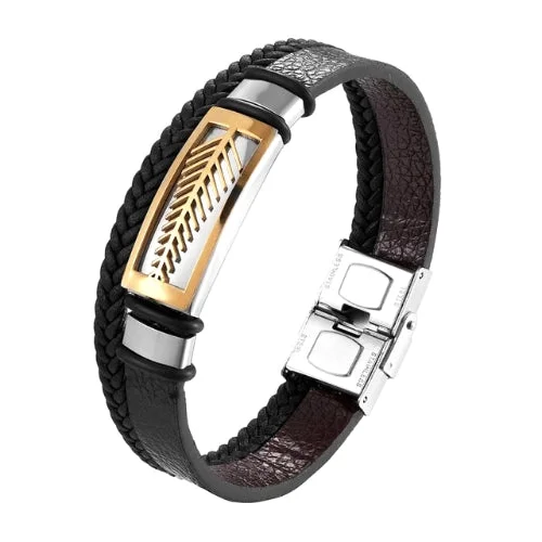 Classy Men Gold Leaf Leather Band Bracelet