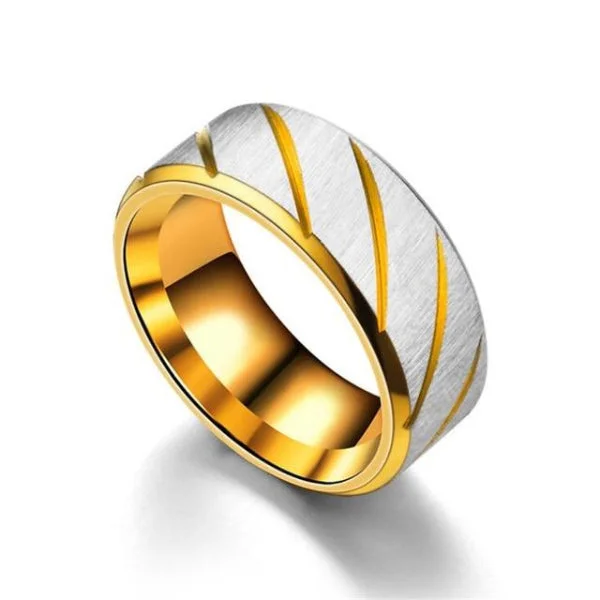 Classy Men Gold Striped Stainless Steel Ring