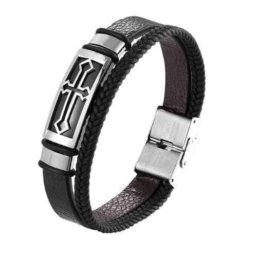 Classy Men Silver Cross Leather Band Bracelet