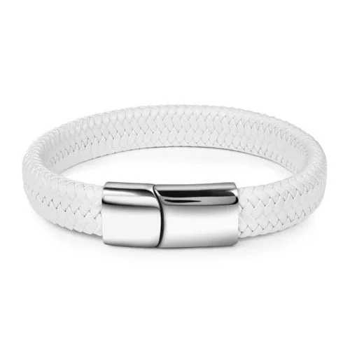 Classy Men White & Silver Braided Leather Bracelet