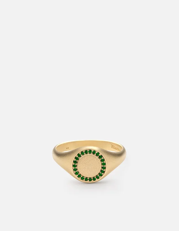 Halo Signet Ring, 14k Matte Gold/Emeralds