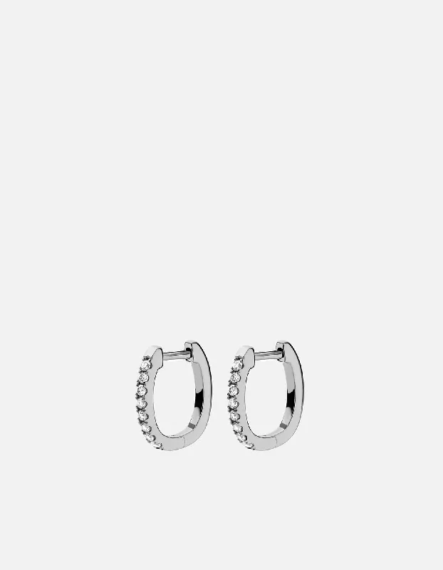 Linear Huggie Earrings, 14k White Gold Pavé