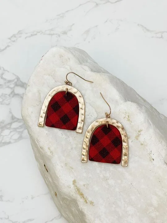 Matte Buffalo Check Dangle Earrings - Red