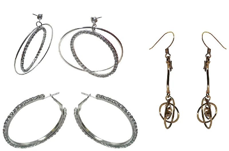 Set of 3 Pairs of Earrings 3 Unique Styles Crystal Double Hoops Small Mid Size Crystal Hoop 3rd pr Dangle 8132