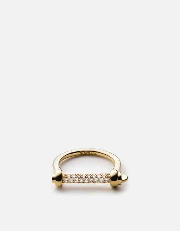 Thin Screw Cuff Ring, 14k Gold Pavé Bar