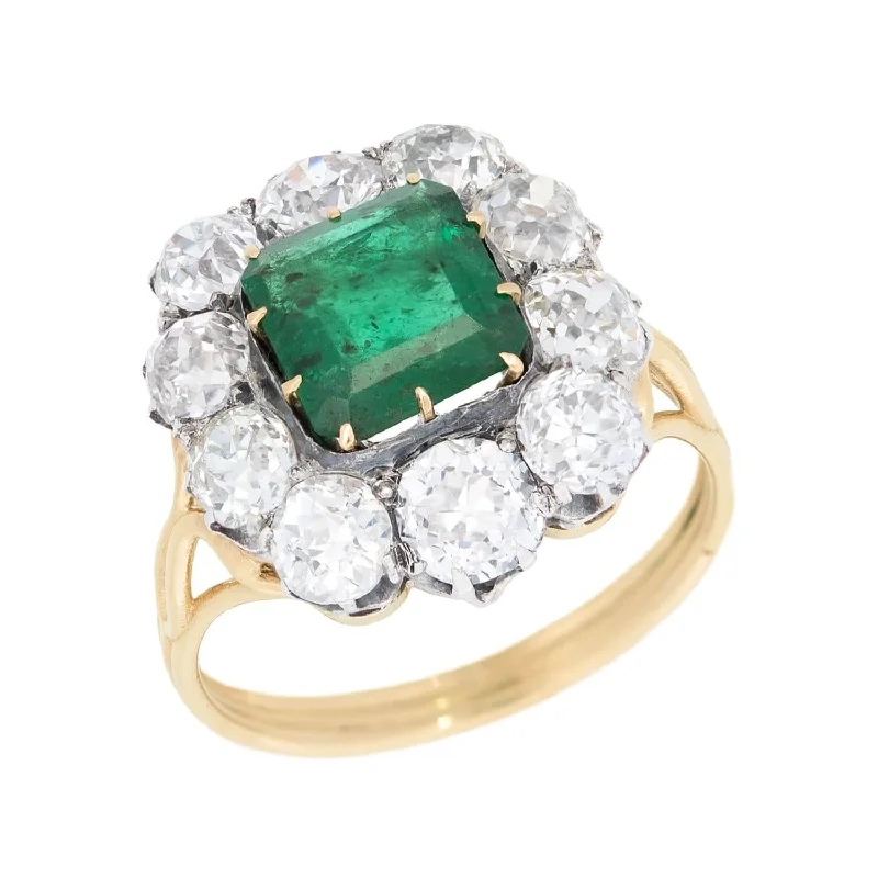 Victorian Russian 14k and Sterling Silver Emerald and Diamond Halo Ring