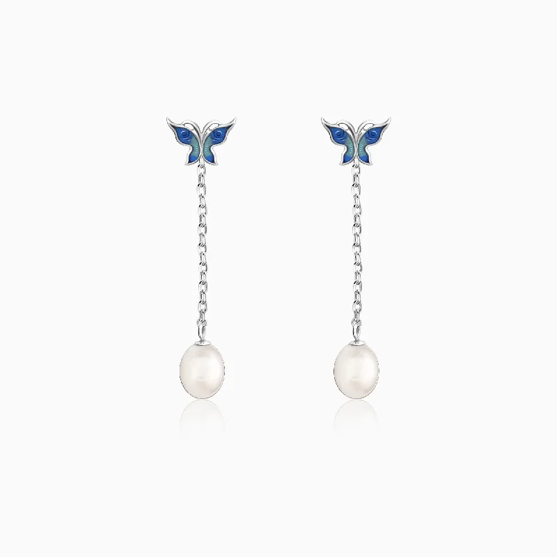 Silver Butterfly Pearl Dangle Earrings