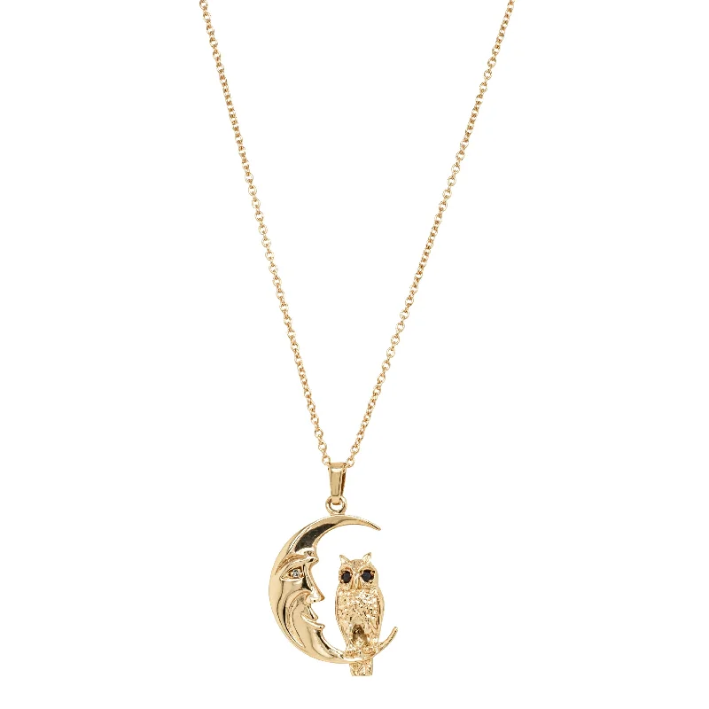 Deja Vu 9ct Yellow Gold Sapphire & Diamond Moon and Owl Pendant