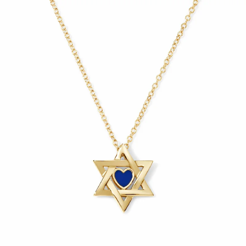 Gold Jewish Star with Enamel Heart Necklace