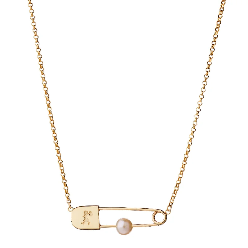 Karen Walker Runaway Safety Pin Necklace - 9ct Yellow Gold & Pearl