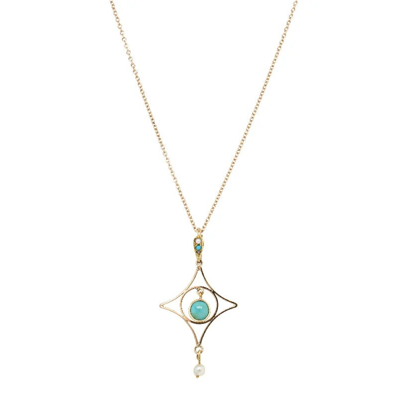 Vintage 15ct Yellow Gold Turquoise & Pearl Pendant