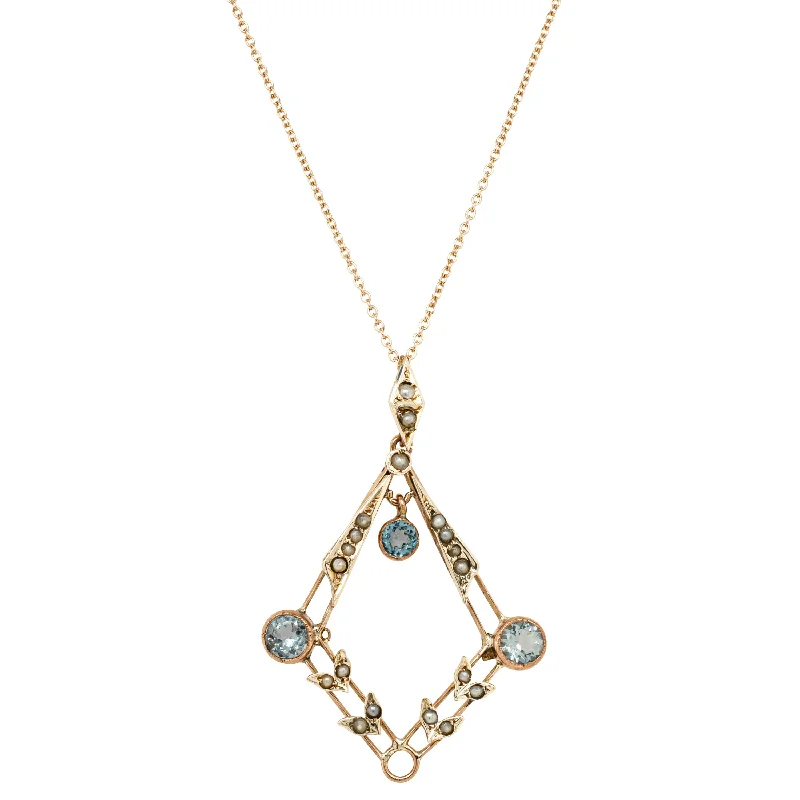 Vintage 9ct Rose Gold Aquamarine & Seed Pearl Pendant