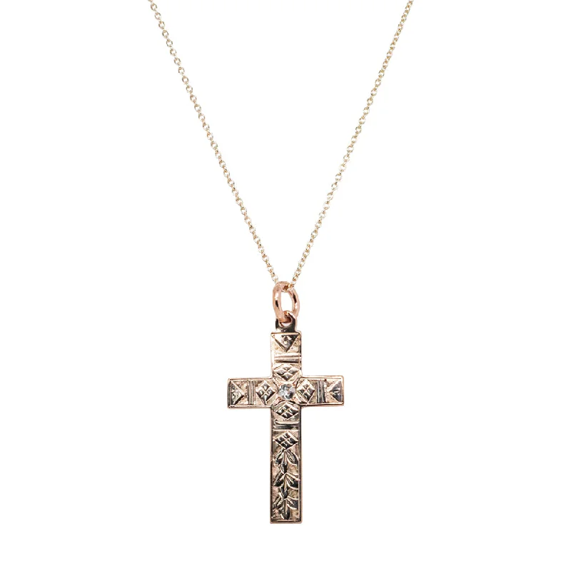 Vintage 9ct Rose Gold Engraved Diamond Cross Pendant