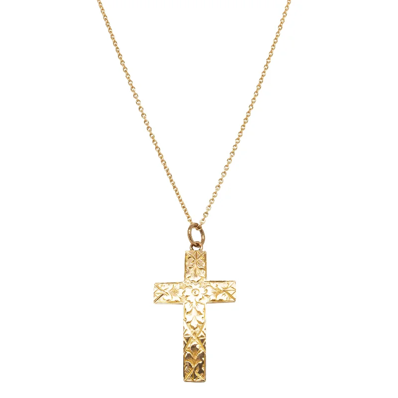 Vintage 9ct Yellow Gold Engraved Hollow Cross Pendant