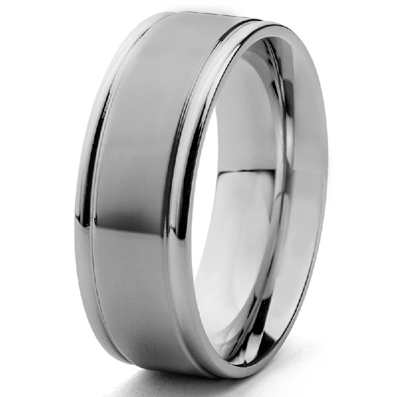 Men's Dual Finish Stainless Steel Grooved Comfort Fit Ring - 8mm Wide