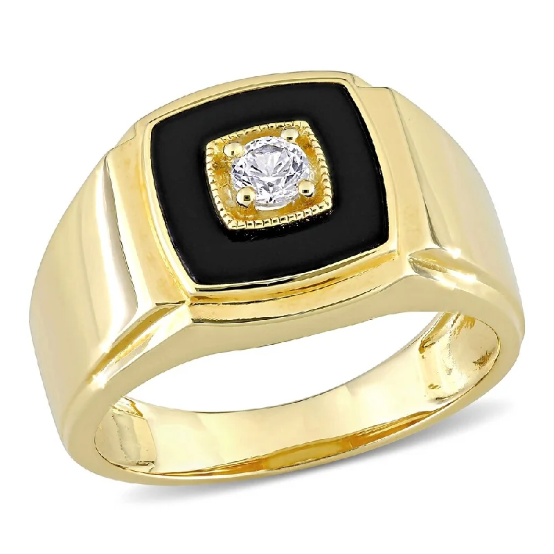 Miadora Yellow Plated Sterling Silver Men's Black Onyx & Created White Sapphire Halo Wedding Band