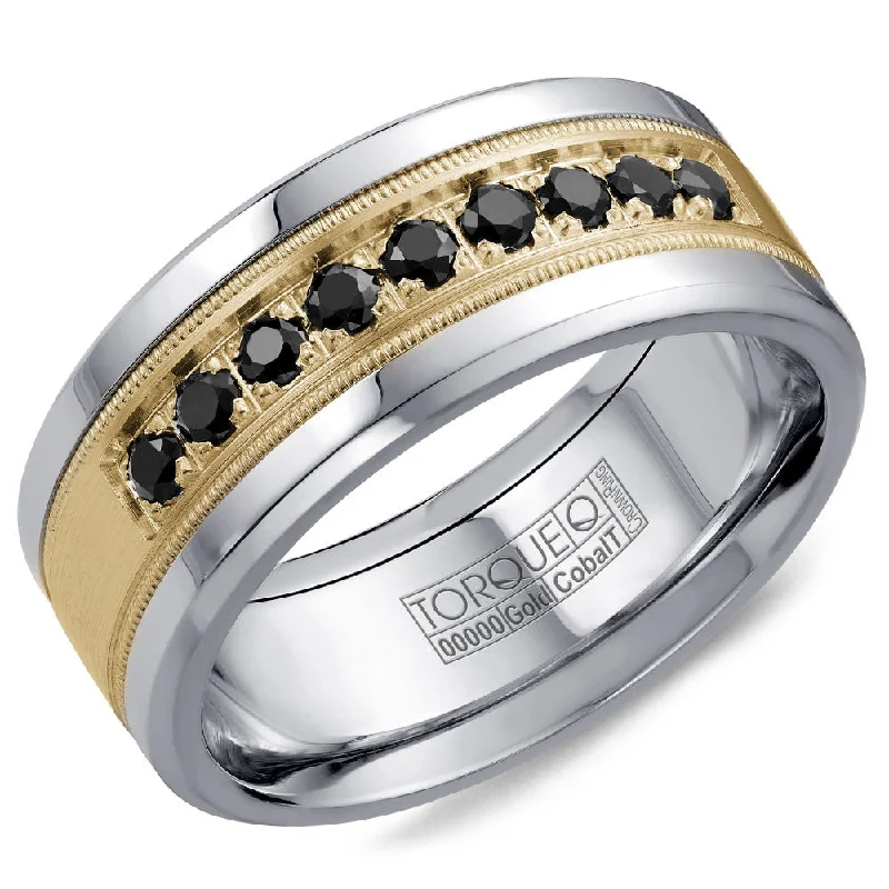 Torque Cobalt & Gold Collection 9MM Wedding Band with Yellow Gold Center & 9 Black Diamonds CW076MY9