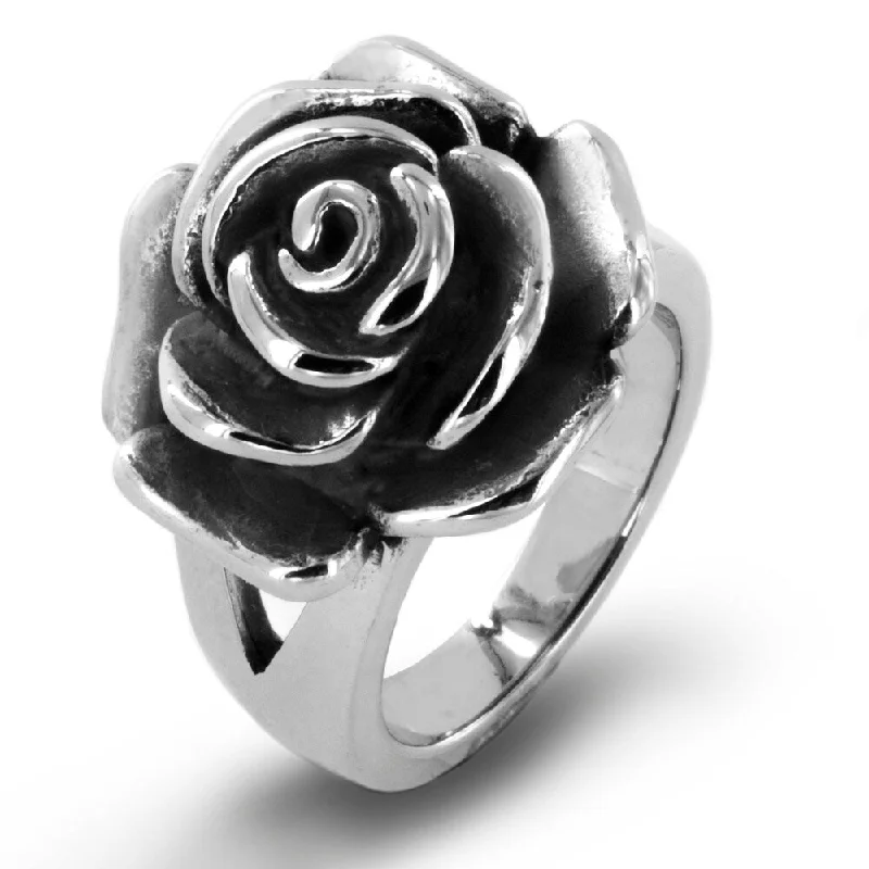 Women's Blooming Rose Antiqued Stainless Steel Ring