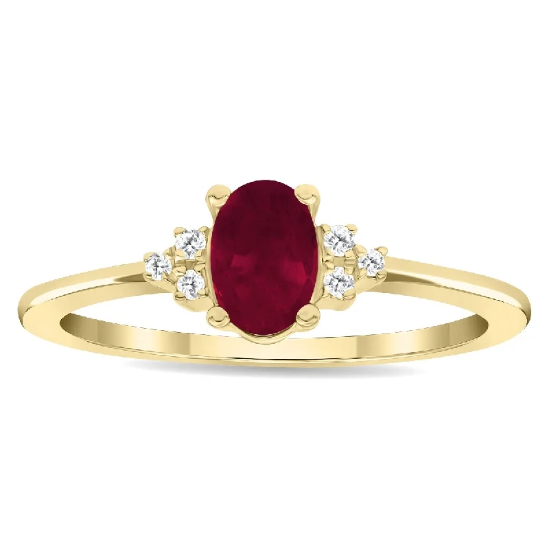 Women's Oval Shaped Ruby and Diamond Half Moon Ring in 10K Yellow Gold